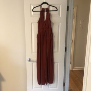 Lush brand Satin, Rust colored jumpsuit with open back and pockets, Size Small